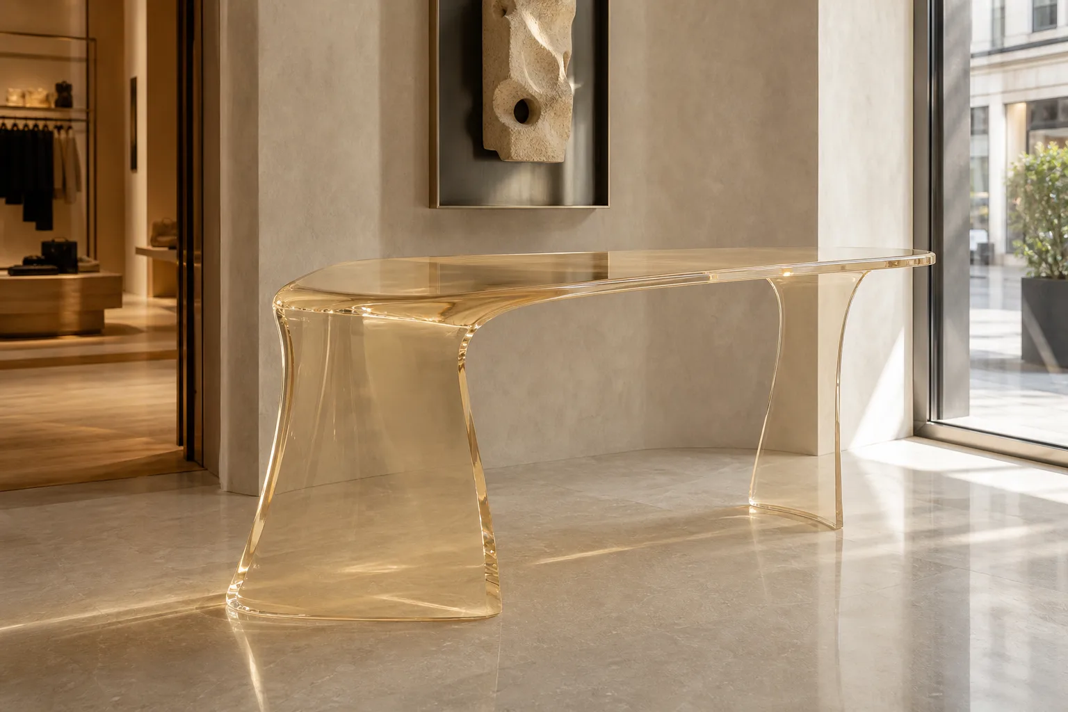 Clear cast acrylic asymmetric console table with one side longer than the other in a contemporary hallway