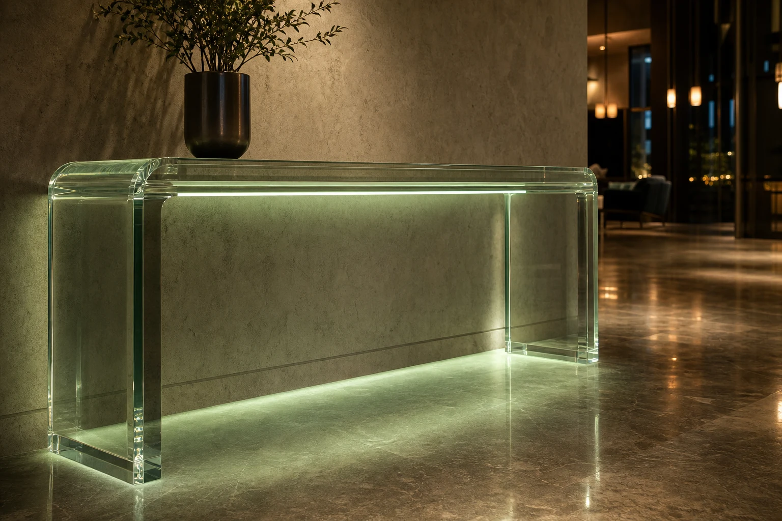 Clear cast acrylic console table with soft LED edge halo lit from underneath in a dim hotel corridor at night