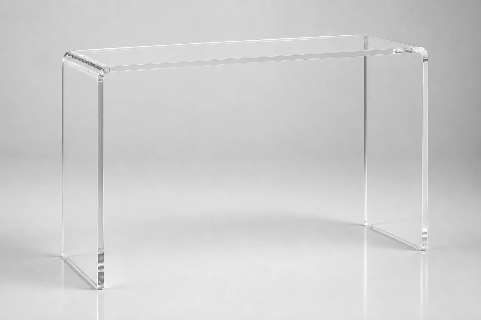Slim 25cm-deep clear cast acrylic console table against a narrow corridor wall