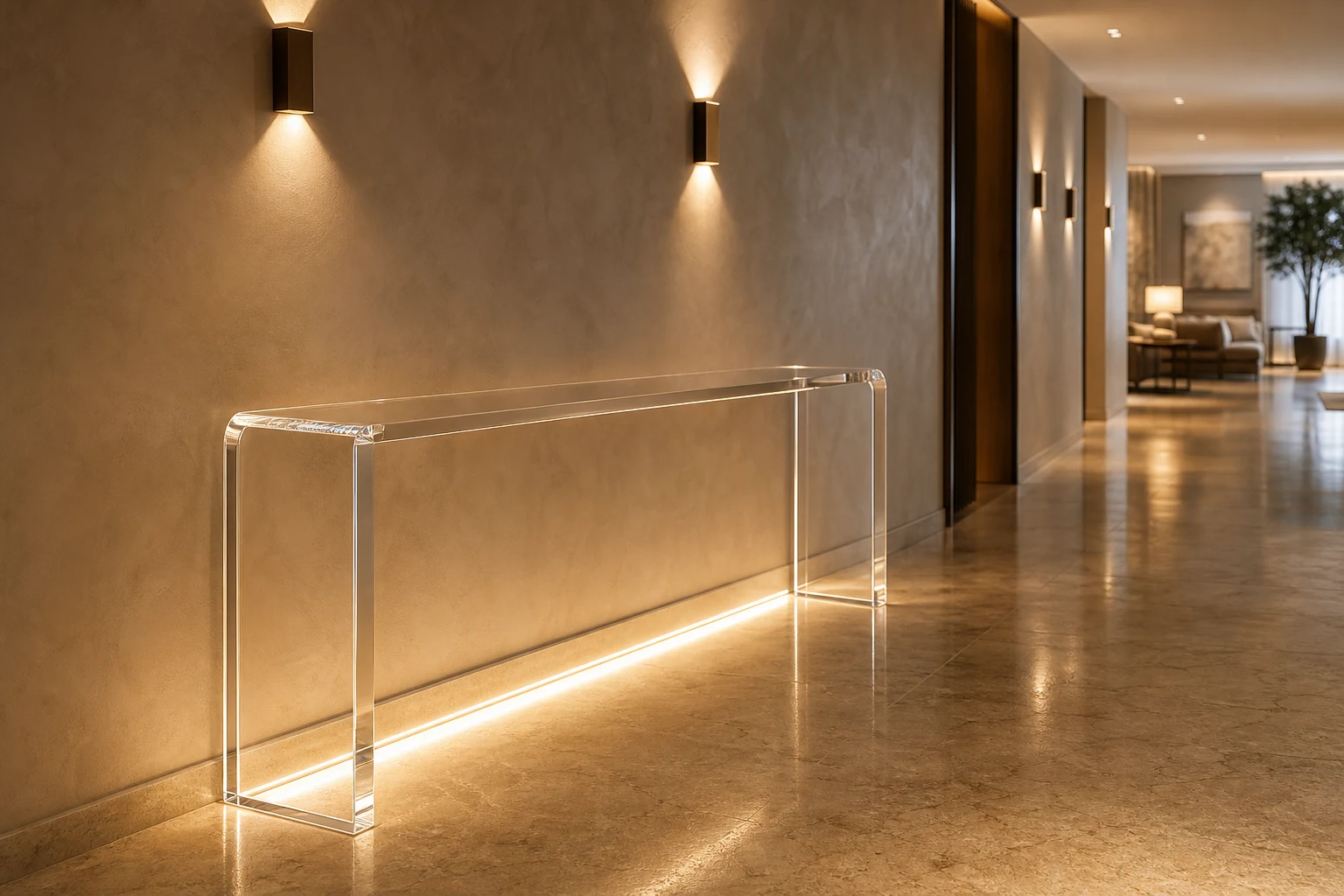 Clear cast acrylic console table wall-aligned in a boutique hotel lobby corridor
