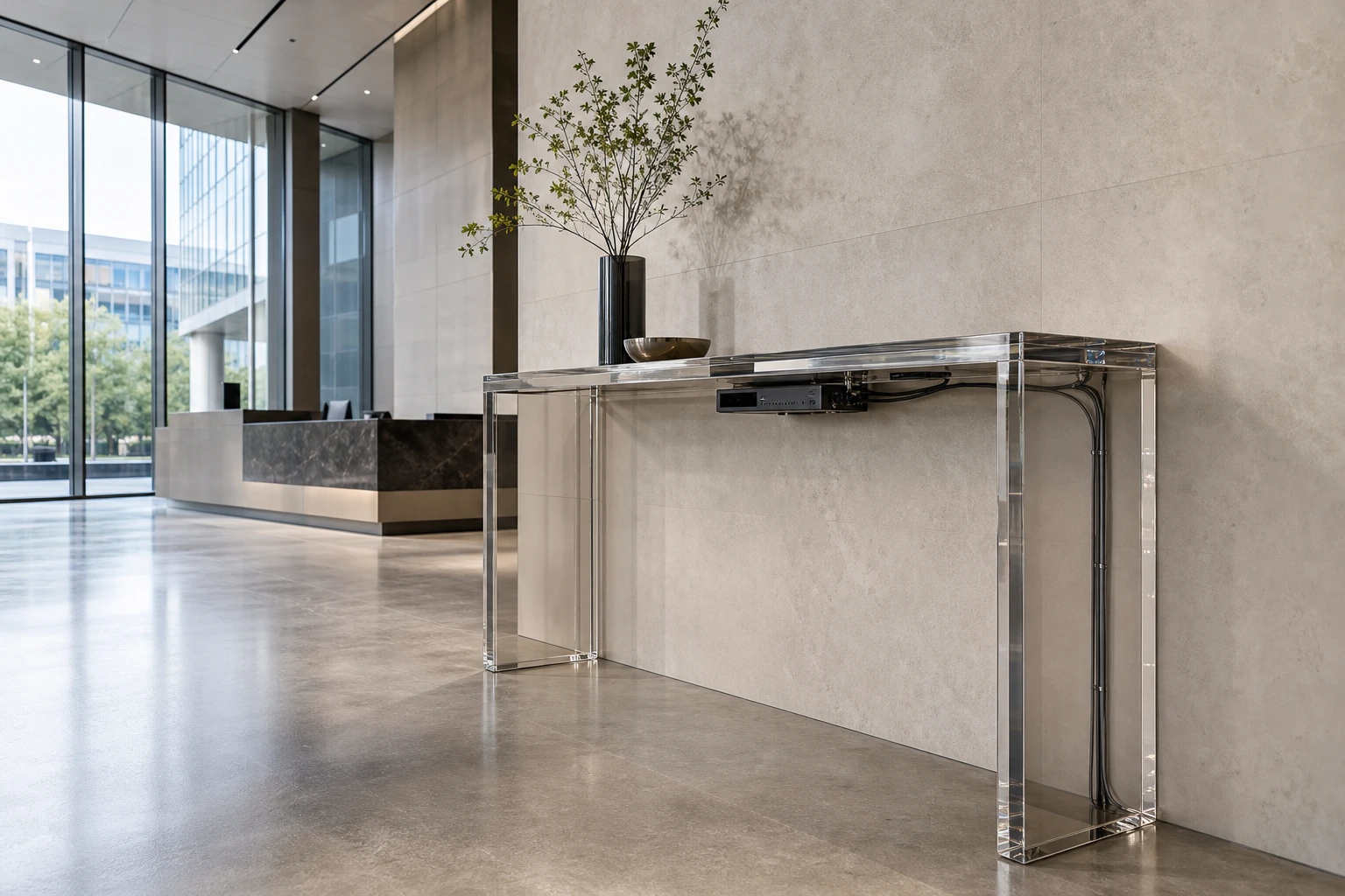 Clear cast acrylic console table in a corporate HQ reception