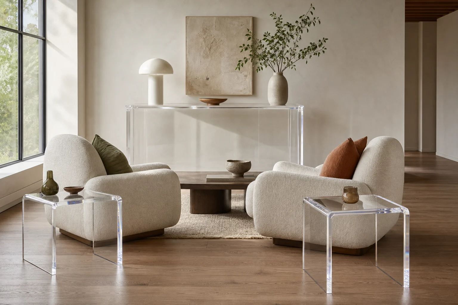 Coordinated multi-piece set of clear cast acrylic furniture in a designer styled living zone