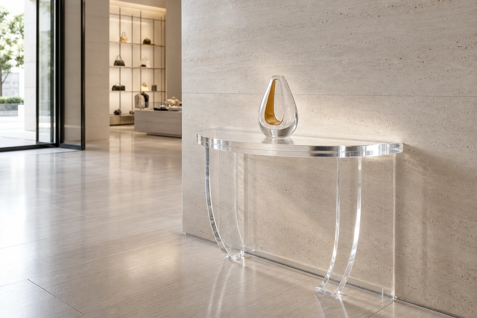 Clear cast acrylic console table at a luxury retail entry zone