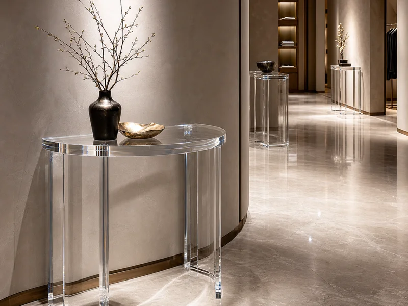 Luxury Retail Flagship — Demilune Entry Console. 1 statement piece + 2 satellite consoles · 30mm clear cast · 1.2m demilune chord curve · CNC-routed from thick cast block (no glued arc seam) · 2-leg curved pedestal · diamond polish + bull-nose front edge · sample iterated twice to dial in the front-arc geometry against the curved entry wall