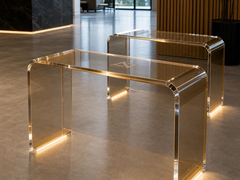 Corporate HQ — LED-Edge Bronze Reception Consoles. 4 pieces · 30mm bronze-tinted cast · 1.6m × 0.4m × 80cm · integrated underside LED halo (warm-white dimmable, ~2700K) · hidden cable channel exiting through one rear leg · subsurface laser-engraved logo on top, under-lit by the LED halo · Pantone-matched bronze tint colorimeter-checked across all 4 units