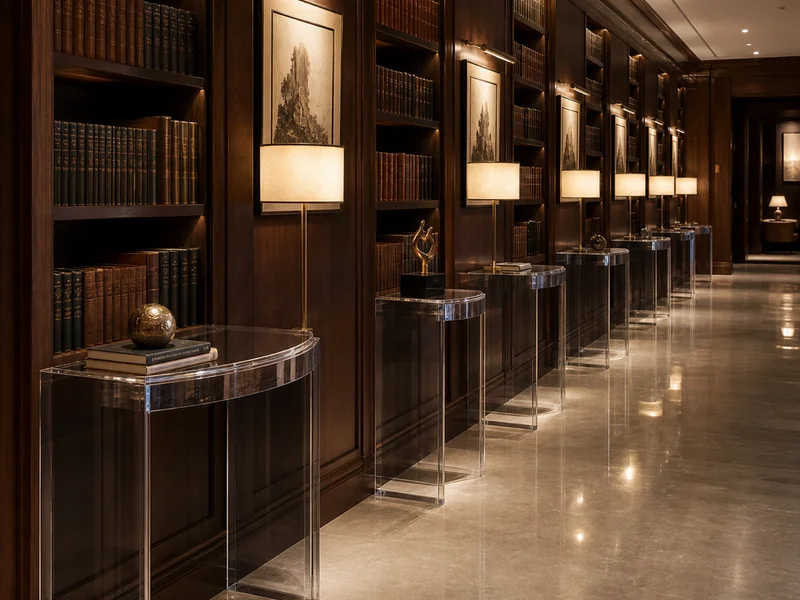 Private Members' Club — Curved-Front Library Consoles. 10 pieces · 25mm smoke-tinted cast · 1.4m bow-front × 0.35m × 80cm · gentle 6cm bow at center · 4-leg matching the bow · smoke tone matched to existing wood-and-leather library millwork · cable channel for desk-lamp wiring routed through rear right leg on every piece