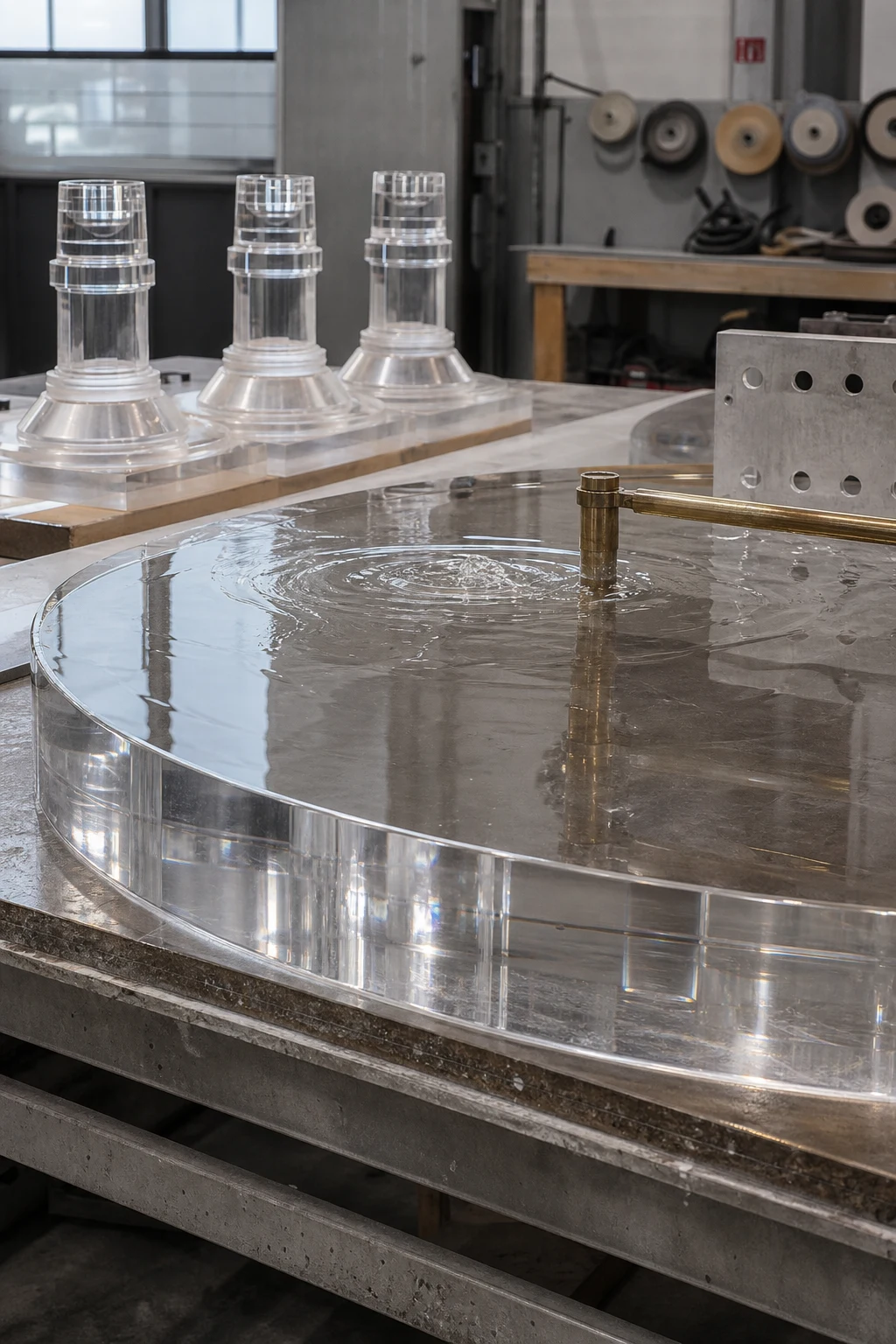Wetop Acrylic workshop bench — 35mm thick cast PMMA dining table top mid-process with multi-pedestal base CNC components on parts rack nearby