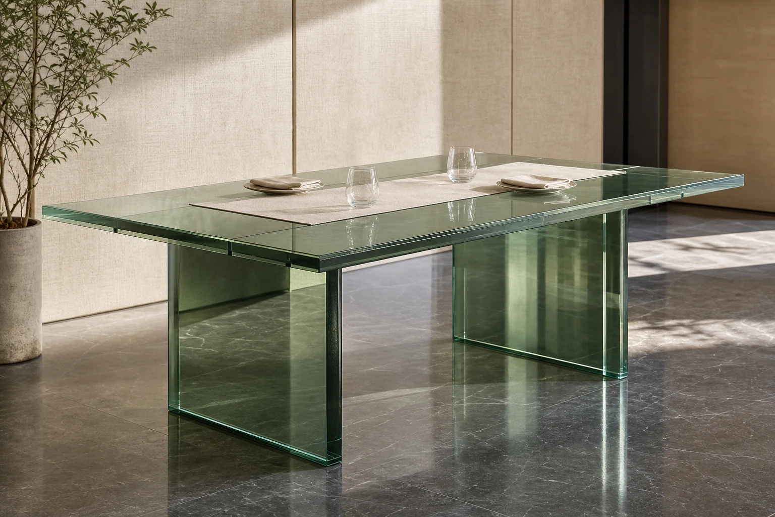 Clear cast acrylic dining table with a hidden center insert leaf shown in the extended 2.4m configuration in an event-space private dining room