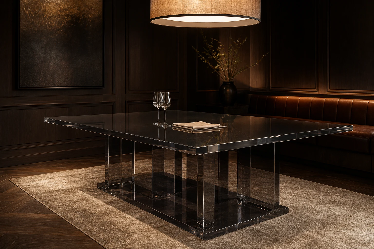 Long rectangular clear cast acrylic dining table on two sculptural pedestals, set for service in a fine-dining restaurant private dining room with warm pendant lighting