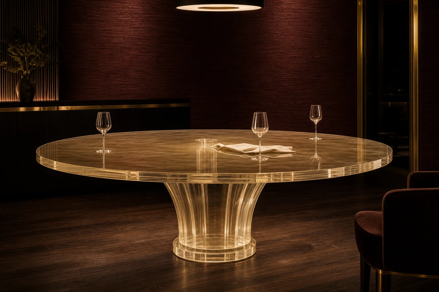 Round clear cast acrylic dining table on a sculptural single tapered pedestal, set for an intimate chef's table service in a private members' club