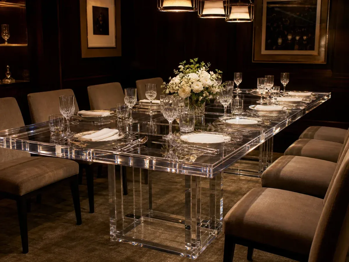 Long rectangular clear cast acrylic dining table on two sculptural pedestals, set for service in a fine-dining restaurant private dining room with warm pendant lighting and matching acrylic chairs