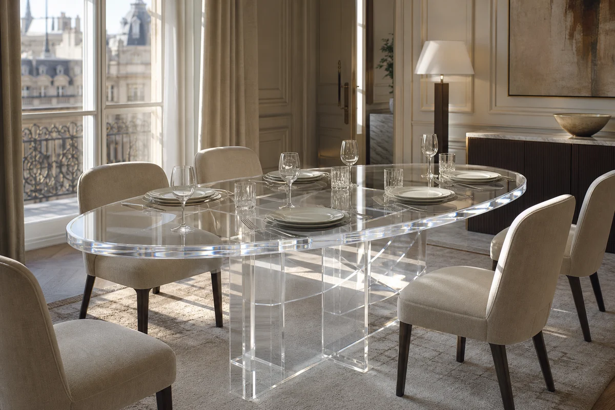 Clear cast acrylic dining setup in a boutique hotel private dining room