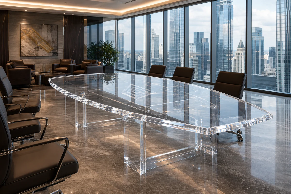 Clear cast acrylic boardroom dining table in a corporate HQ executive space