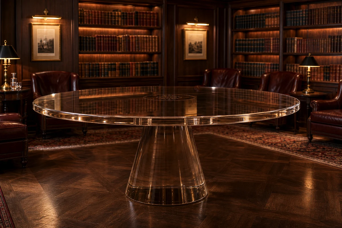 Clear cast acrylic dining table in a gallery / members'-club library setting