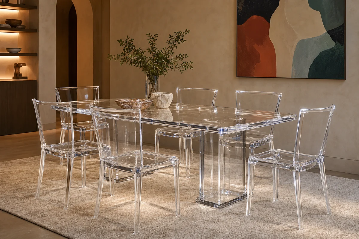 Coordinated set of clear cast acrylic dining furniture in a designer styled space