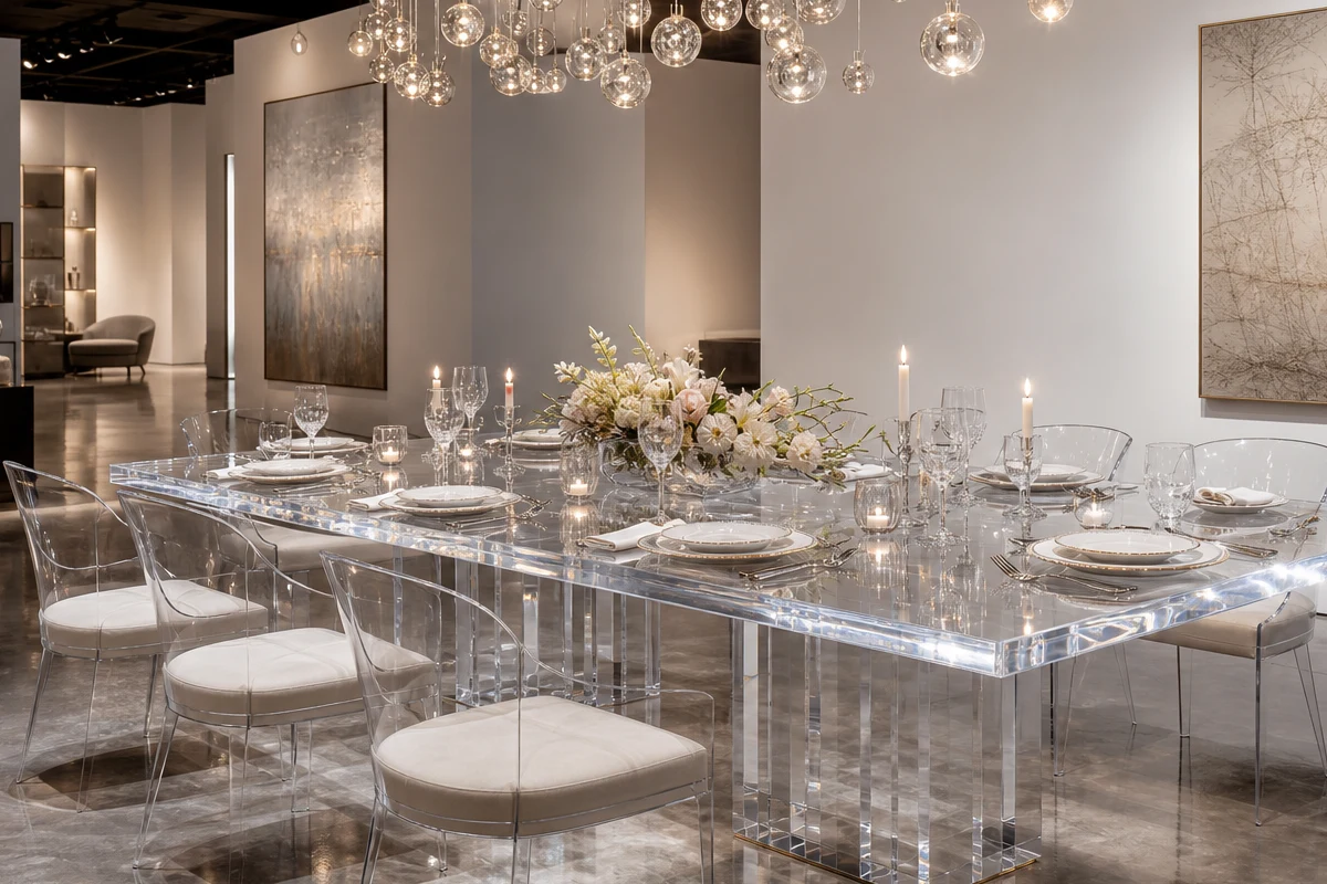 Clear cast acrylic dining setup in a luxury retail VIP / event space