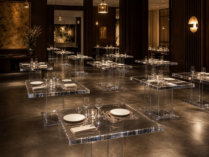 Fine-Dining Restaurant Chain — 12-Location Rectangular Dining Table Rollout. 12 tables across 12 properties · 35mm clear cast acrylic · 2.0m × 1.0m rectangular · 2-pedestal base · 45° chamfered edges · subsurface laser-engraved chain mark on center top · batch color match enforced across 12 production sites · paired with 96 matching dining chairs on same PO (8 per cover)