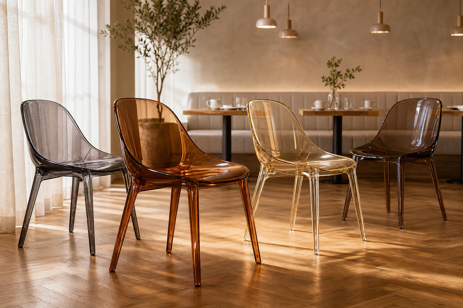 Clear cast acrylic dining chair with curved back and seat, photographed against a soft neutral backdrop