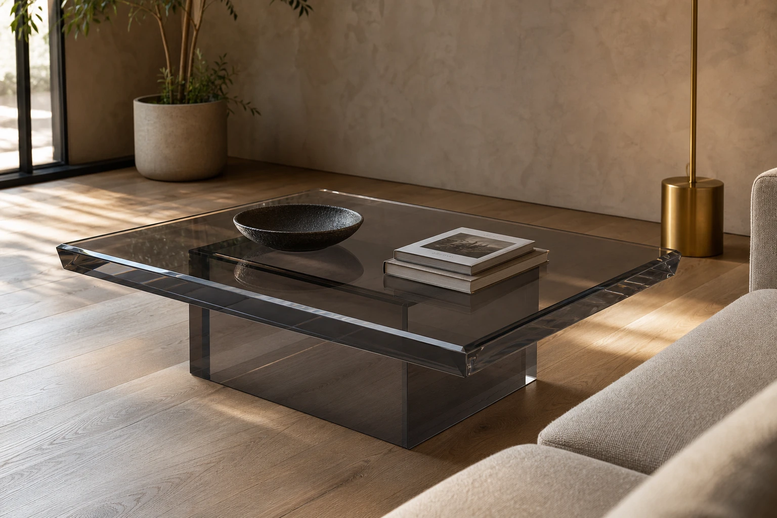 Clear cast acrylic coffee table with thick beveled edges and a glossy mirror-polished surface in a boutique hotel lobby setting