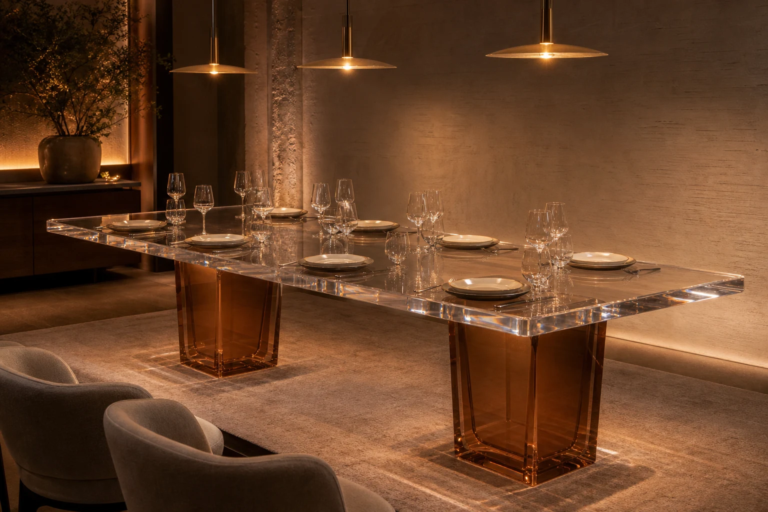 Long rectangular clear acrylic dining table set for service in a fine-dining restaurant private dining room