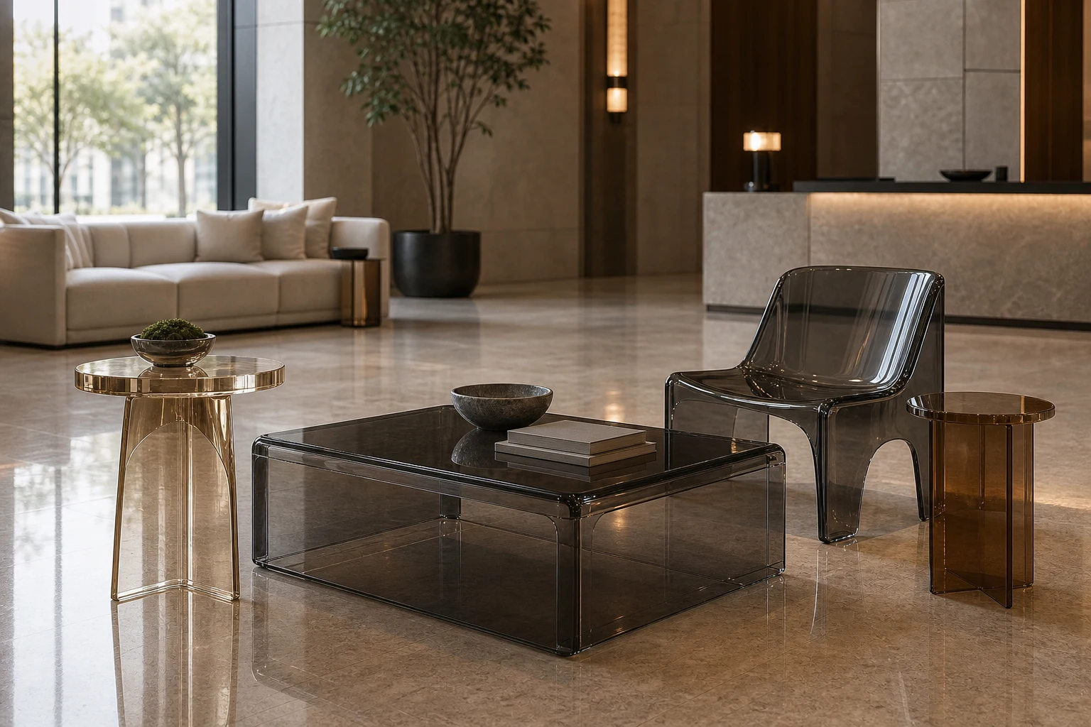 Coordinated set of clear acrylic furniture — coffee table, side tables, and chairs — arranged together in a boutique hotel lobby