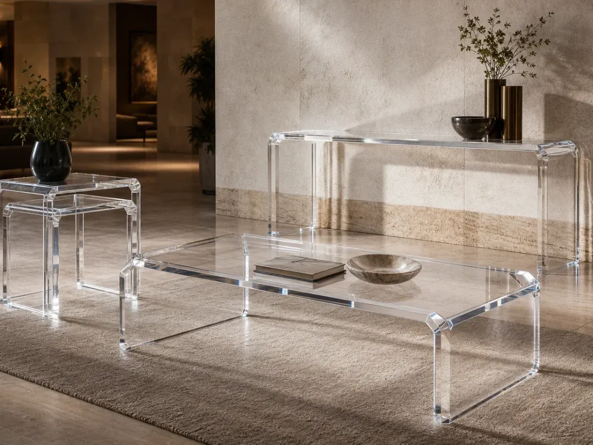 Lineup of custom clear cast acrylic furniture in a boutique hotel lobby — a chamfered-edge coffee table, a pair of nesting side tables, and a long console table against a wall, all with mirror-polished edges