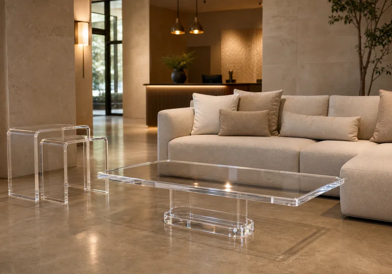 Clear cast acrylic coffee table and nesting side tables in a boutique hotel lobby