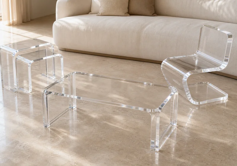 Coordinated set of clear cast acrylic furniture — coffee, side, accent chair — in a designer styled living zone
