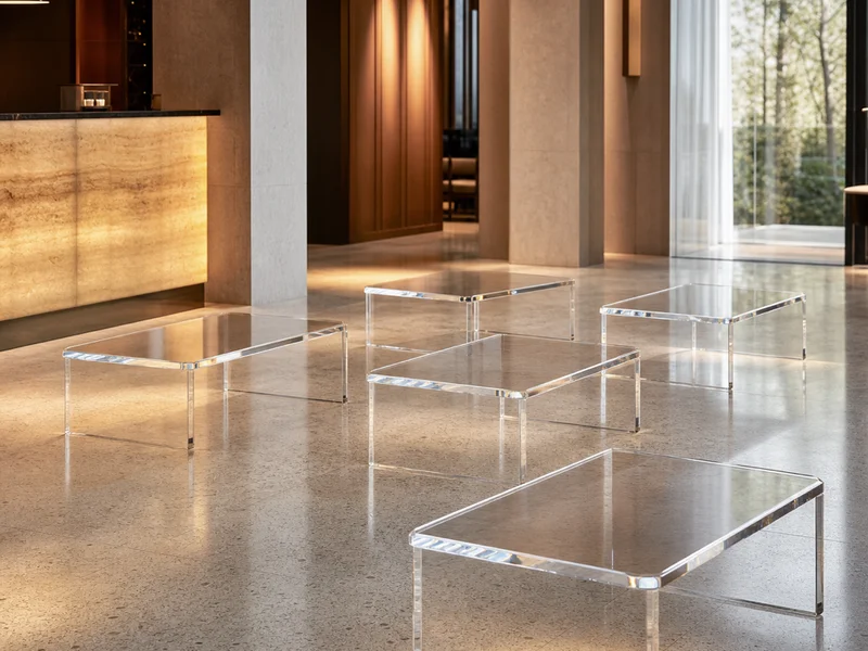 Boutique Hotel Lobby Coffee Table Set. 10 pieces · 25mm clear cast acrylic · 1.2m × 0.6m chamfered edge · Single pedestal base · Diamond polished