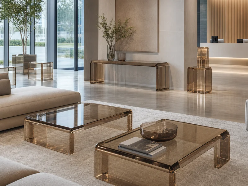 Corporate HQ Lobby Console + Coffee Table Set. 12 pieces · 25–30mm cast acrylic · Coordinated brand-color tint · Subsurface laser-engraved logo · Air-first batch for launch event