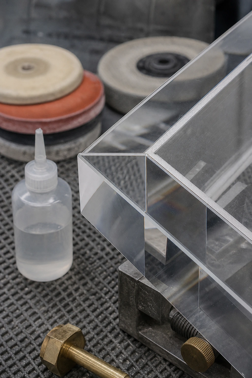 Wetop workshop bench close-up — 45° mitered corner of a cast PMMA accent cube being polished and bonded, fixture clamp and optical-clear adhesive visible, hairline bond line at the miter