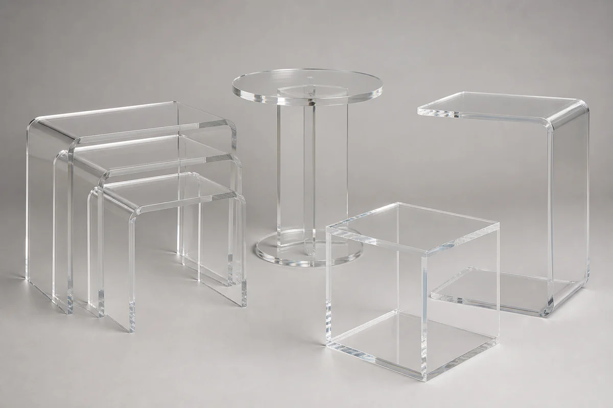 Editorial group shot of clear cast acrylic side tables in different configurations — nesting trio, round pedestal, C-table, and accent cube — arranged on a neutral surface
