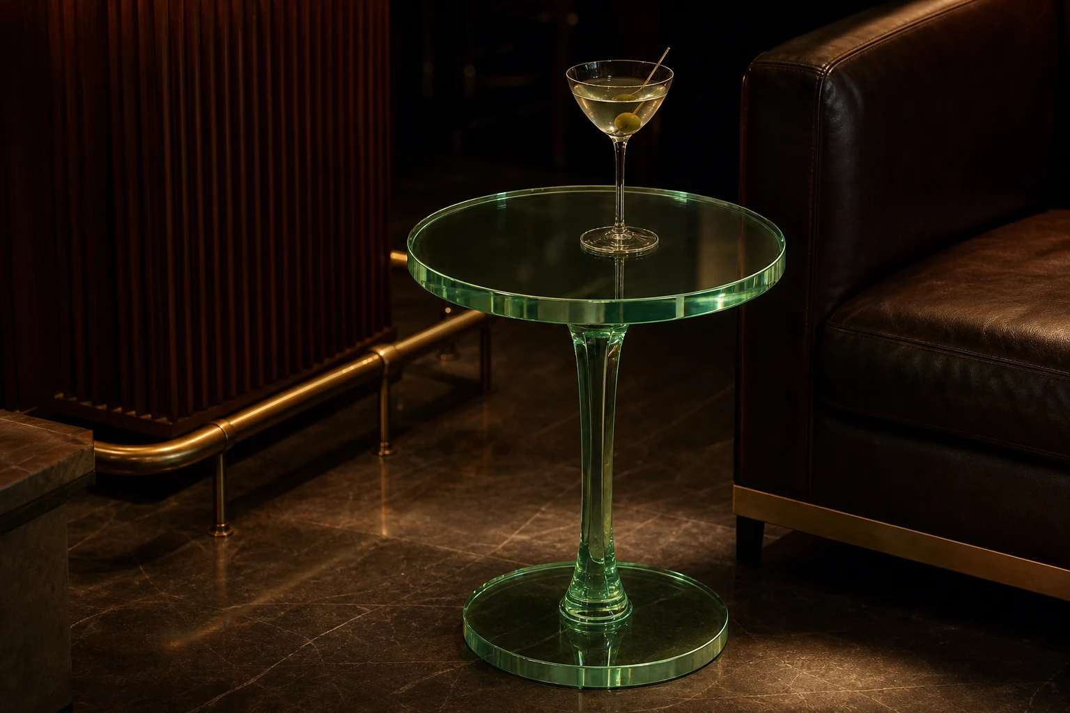 Tall narrow clear cast acrylic cocktail side table beside a lounge armchair, single highball glass on top in a hotel lobby lounge
