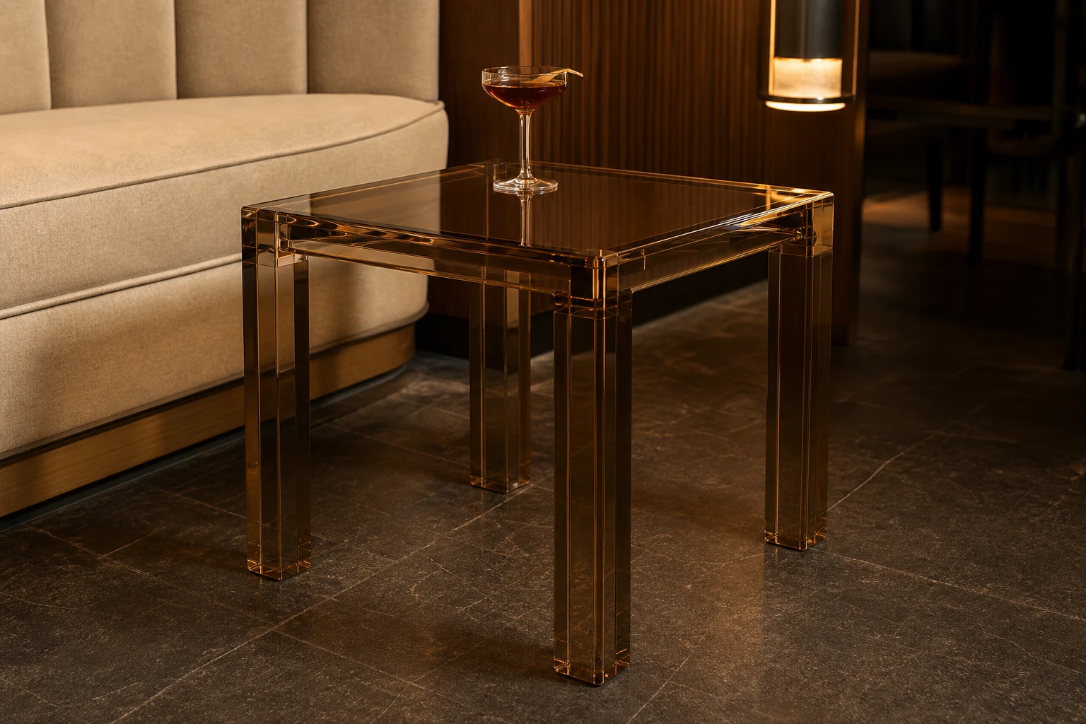 Clear cast acrylic rectangular side table with 4 acrylic legs photographed in a luxury retail showroom seating area, square top with mitered edges