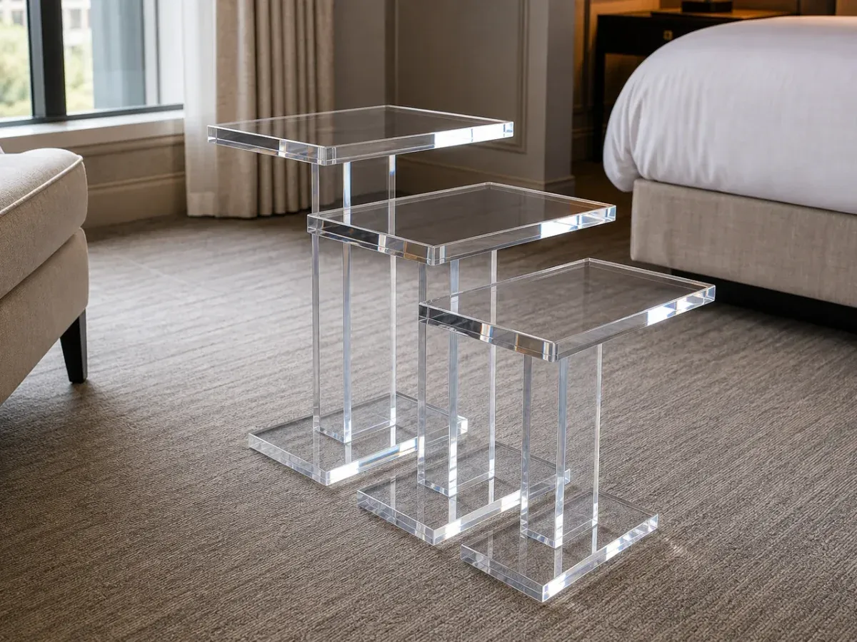 Set of three clear cast acrylic nesting side tables in stepped heights 45/40/35cm, photographed in a luxury hotel guest room with 2mm clearance visible between nested pieces