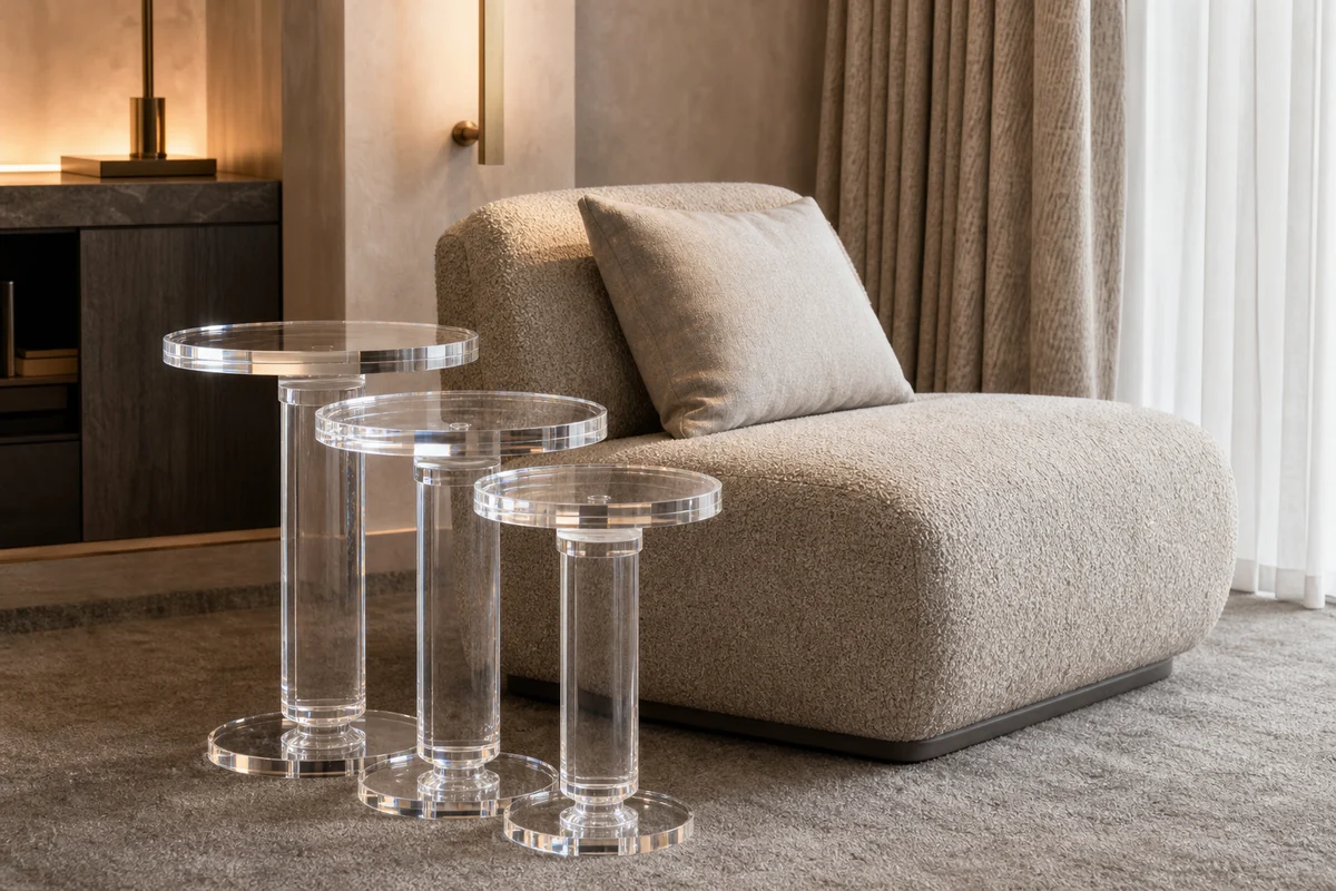 Clear cast acrylic nesting trio of side tables in stepped heights beside a lounge chair in a boutique hotel suite