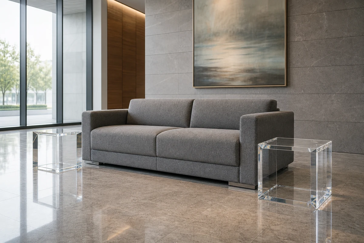 Pair of clear cast acrylic accent cubes flanking an executive lounge sofa in a corporate headquarters lobby, daylight from a glazed wall