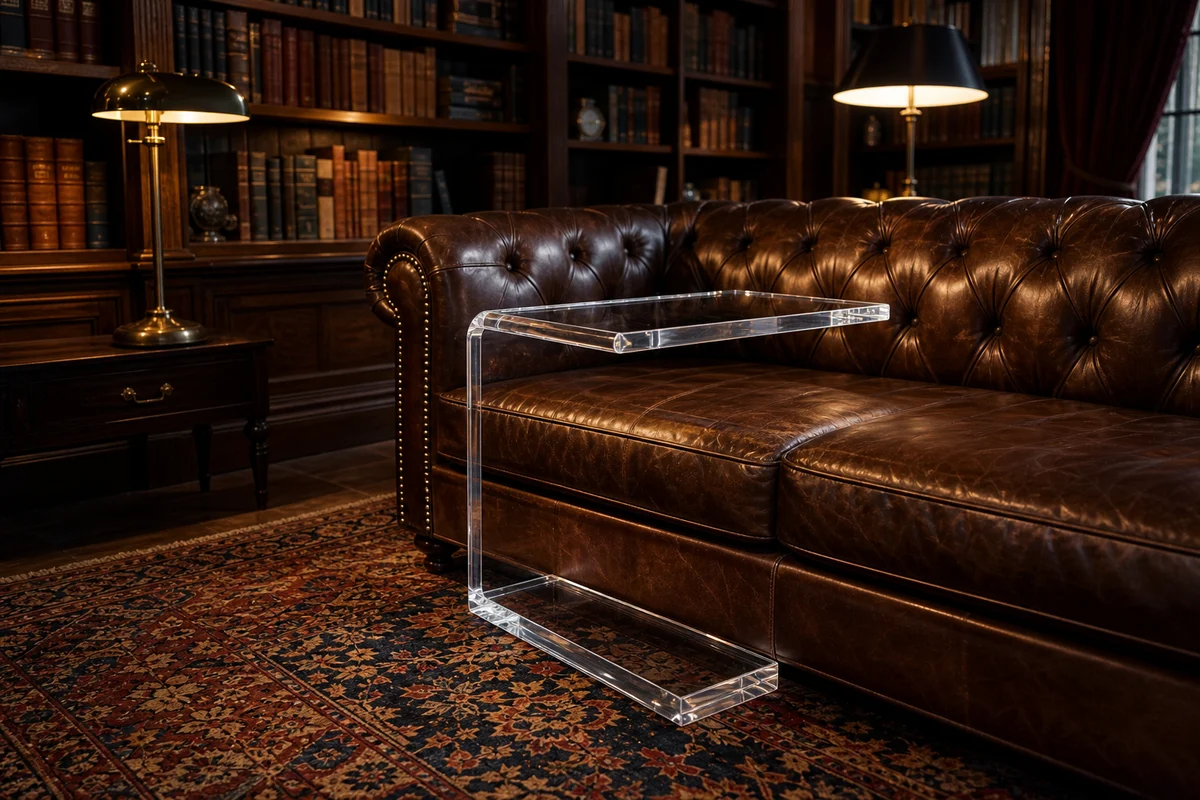 Clear cast acrylic C-table cantilevered over a leather sofa seat in a private members' club library with walnut bookshelves behind