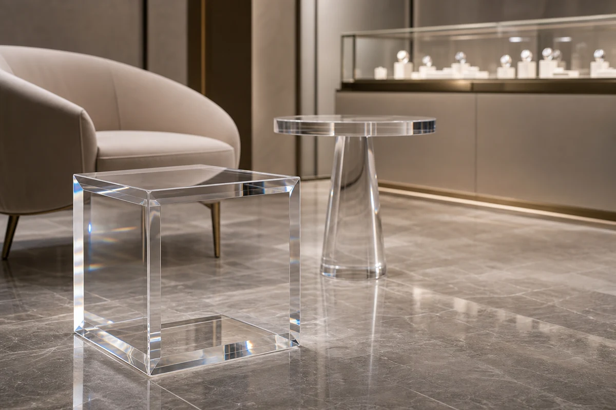 Clear cast acrylic accent cube and round pedestal side table in a luxury retail flagship showroom seating zone with display vitrine in soft background