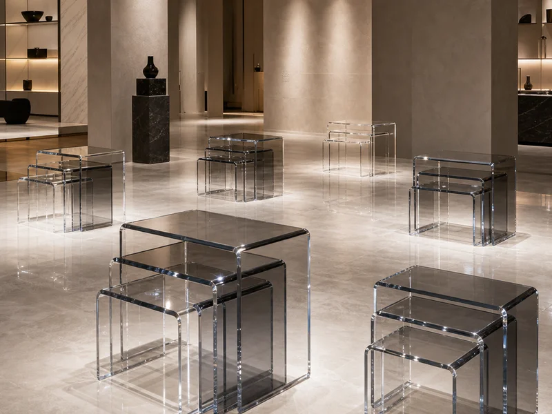 Luxury Retail — 30-Unit Nesting Side Table Rollout. 30 pieces (10 sets of 3) · 22mm clear cast acrylic · stepped heights 45/40/35cm · single pedestal base · diamond polish · graduated clear-to-smoke tint across the set · 2.5mm nesting clearance held across all 10 sets