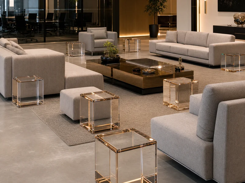 Corporate Lounge — Accent Cube Side Tables. 8 pieces (paired flanking 4 lounge groupings) · 25mm cast acrylic walls · 40cm cube · mitered 45° corners with optical-clear bond · clear-with-bronze-accent gradient · paired with bronze-tinted coffee tables on same PO