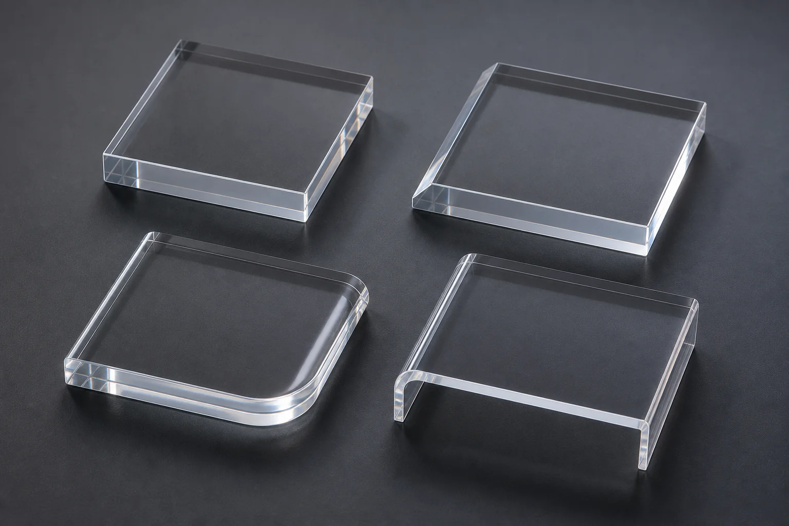 Diamond-polished edge profiles — square, chamfered 45°, bull-nose, waterfall