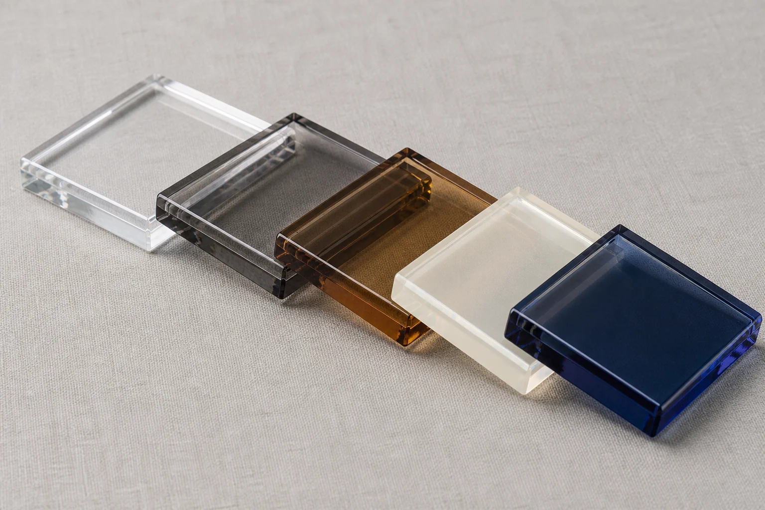 Cast PMMA material options for furniture — clear, smoke, bronze, pearlescent, custom Pantone