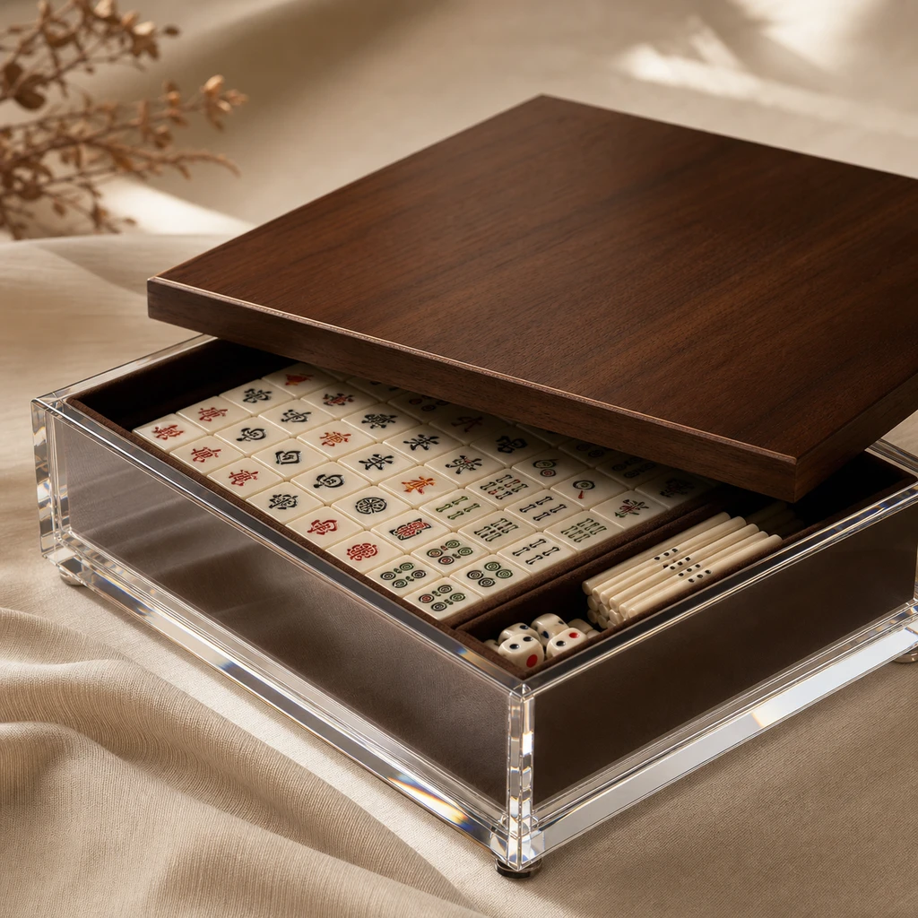 Premium boxed-gift mahjong case with walnut-laminated wood top and 6mm cast PMMA body, velvet-lined interior, tile set visible through cutout