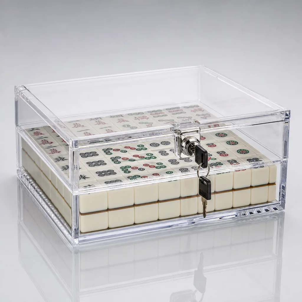 Lockable acrylic mahjong retail display case with flush barrel lock and internal angled tier holding 152-tile NMJL set