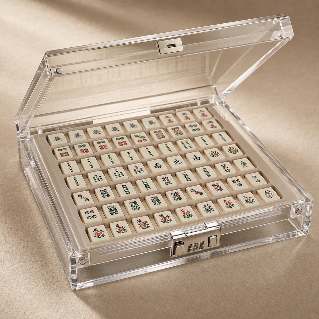Clear acrylic single-set mahjong travel case with one lid open showing 152-tile silicone-cradle insert and combination magnetic latch