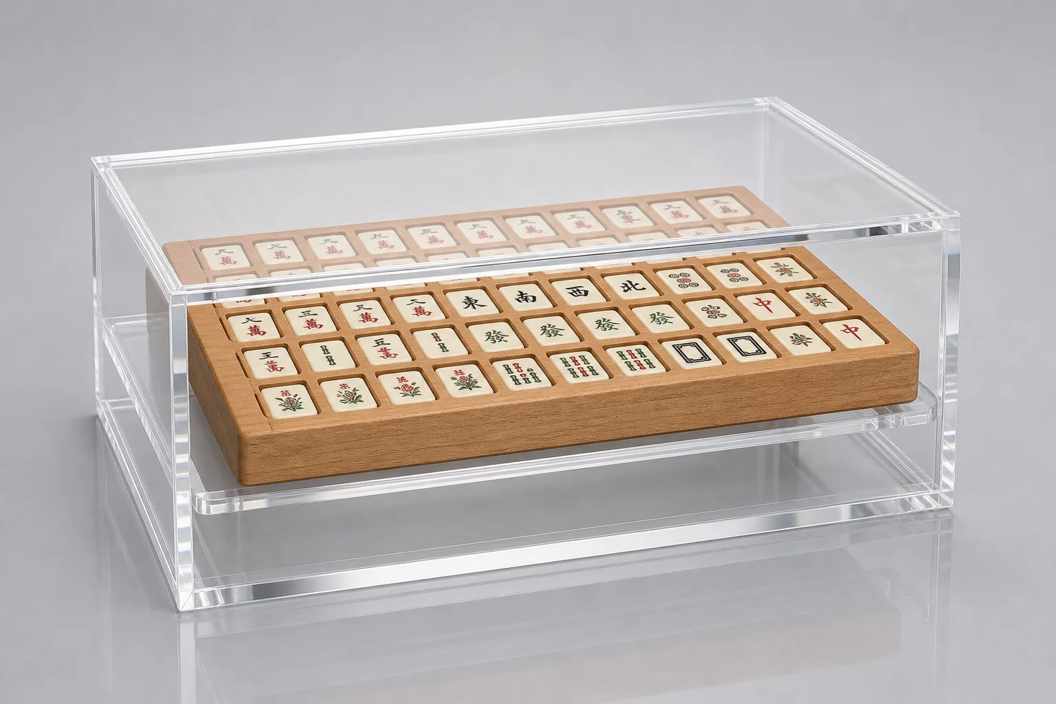 Custom acrylic mahjong display cases with UV-printed brand artwork on lid, velvet-lined interior, and wood-laminated top panel options