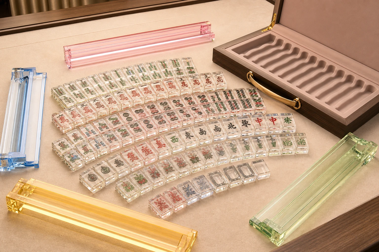 Editorial group shot of a custom acrylic mahjong accessory line — NMJL 152-tile set fanned on a felted lounge surface, paired display case with one lid open showing the silicone-cradle insert, four pastel rack-and-pusher pieces aligned, and a felted play mat behind in soft directional studio light
