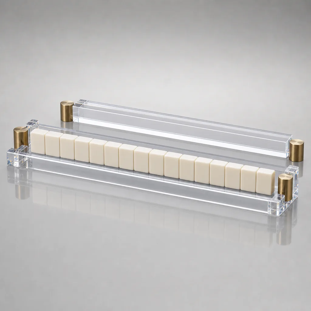 Brand-edition mahjong rack-and-pusher in custom Pantone navy with UV-printed brand logo on rack body and laser-engraved monogram