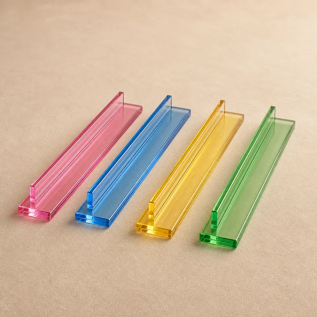 Four standalone mahjong pusher arms in multi-color acrylic — pink, blue, yellow, green — without rack bodies on neutral surface